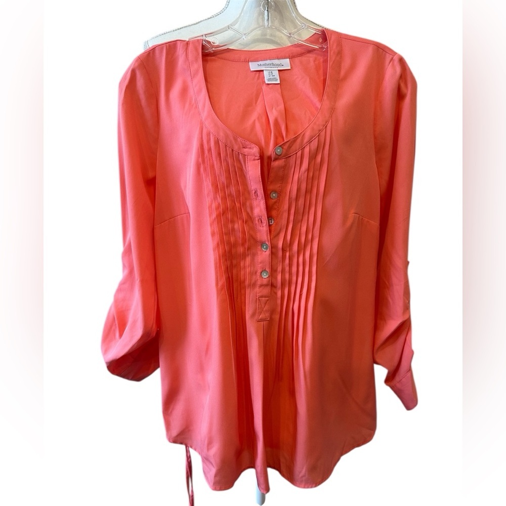 Motherhood Maternity Coral Pleated Blouse Roll Tab Sleeve Work Top Womens Small